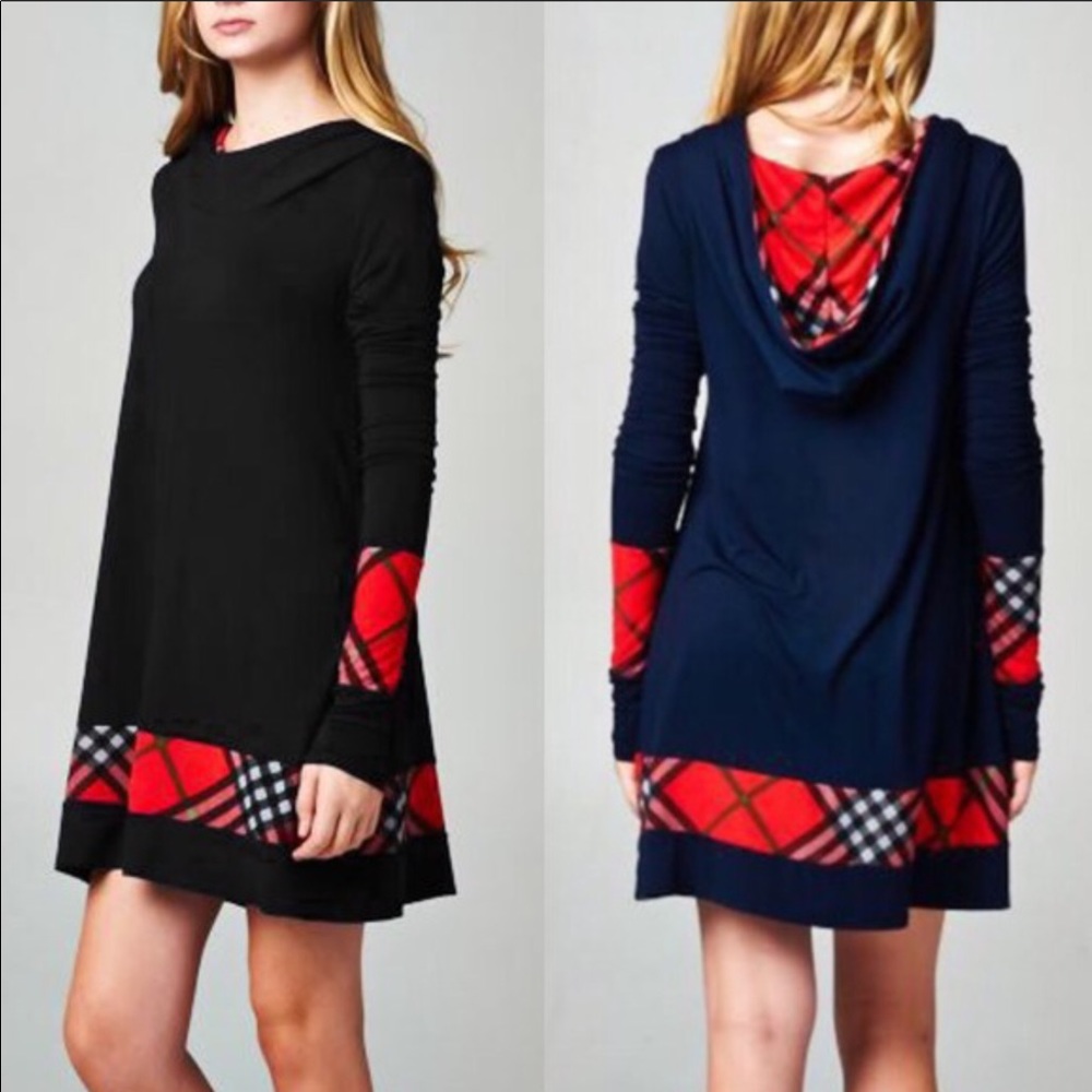 Plaid trim tunic dress with hoodie